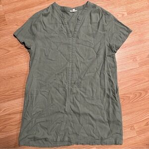 Green cotton linen blend medium short sleeve pockets tunic mini shift dress